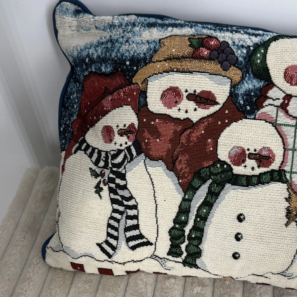 Vintage Snowman Family tapestry accent pillow Holiday Christmas Decor 17” x 12”